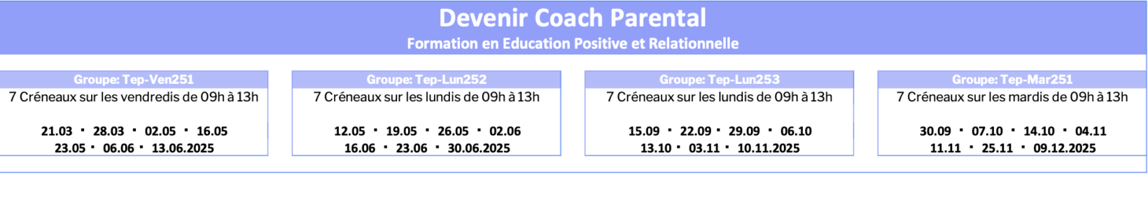 Planning Formation en ligne pour devenir coach parental 2025